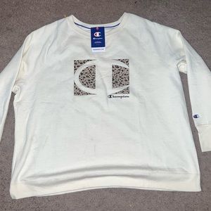 Champion Women's Powerblend White Brown Crew, Cheetah - Size 3XL
